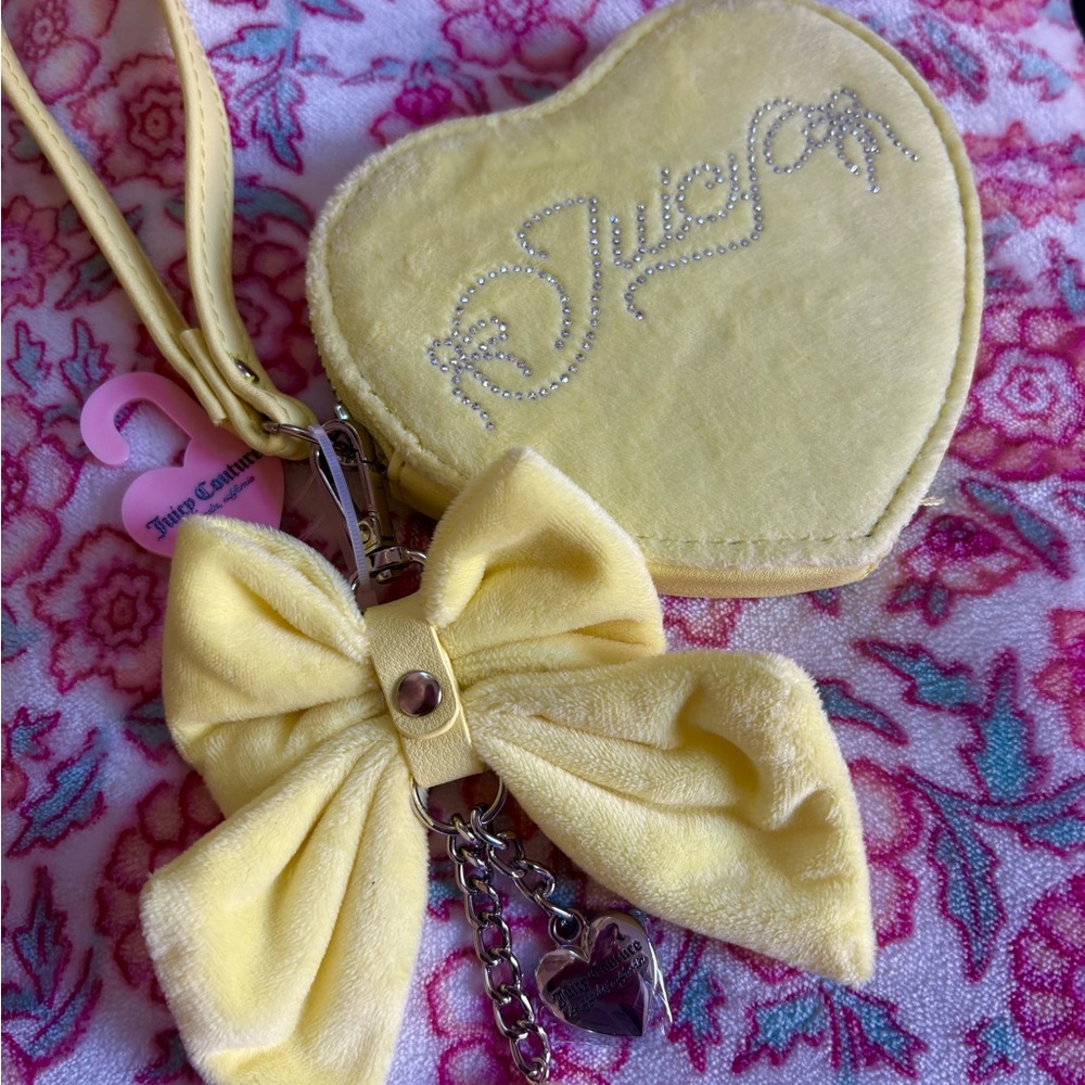 Juicy Couture Yellow Velvet Heart Coin Purse with Bow Charm Keychain